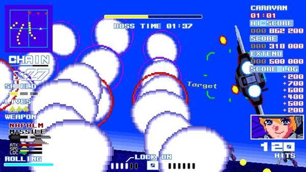 Three curved rows of enemy fire streaming towards the screen on the left, and player dodging out of the way on the right
