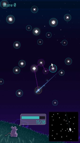 Mouse sitting on a grassy bank looking up at the stars, which are being connected by the player with lines.