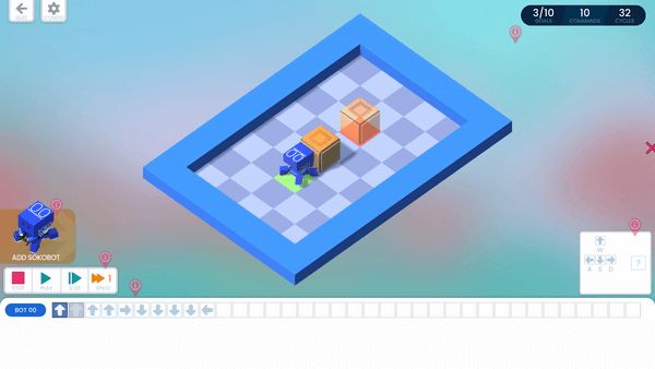 SOKOBOT level of a blue robot pushing a box forward using a programmed sequence of actions along the bottom