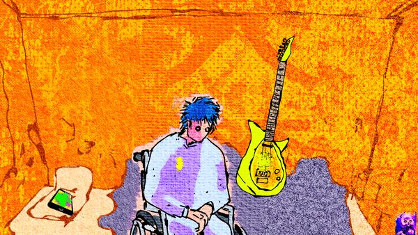 Kubota sitting in his room. A bed in the background takes up almost all of the space. On his pillow is his smartphone, and his guitar is propped up against the wall.