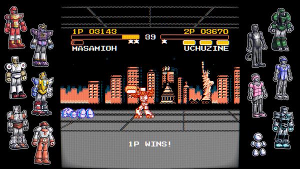 MASAMIOH holding up a huge sushi as a victory pose. UCHUZINE is knocked out on the ground nearby. Bottom text reads '1P WINS!'
