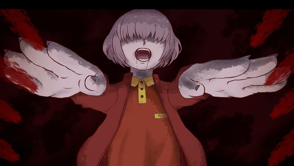 Ang reaching both hands out towards the screen. The sides of the screen are smeared in blood, and her mouth is open and dripping with drool