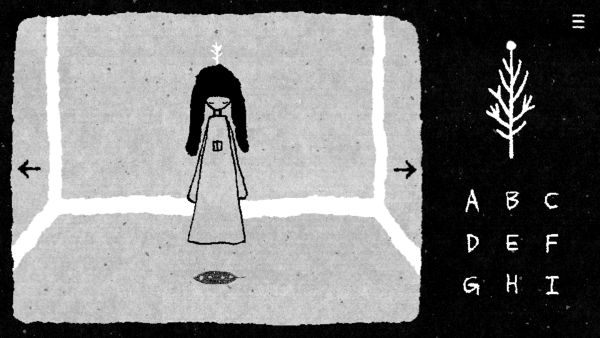 Character in HER TREES standing in the center of the room. The door on her chest is closed and the tree on her head is bare.
