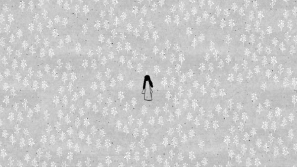 Character in HER TREES wandering a huge field of small white tree saplings.