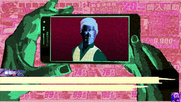Kubota holding up his smartphone horizontally and watching a video of an influencer smugly dancing across the screen