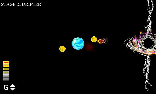 Screenshot of Level 2 in Moon Hammer. The Earth has two moons circling it and is rapidly approaching a wormhole. A meteor is heading towards one of the moons.