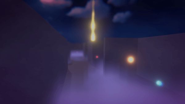 Maze filled with mist and floating light particles, and a giant column of light in the distance as the goal