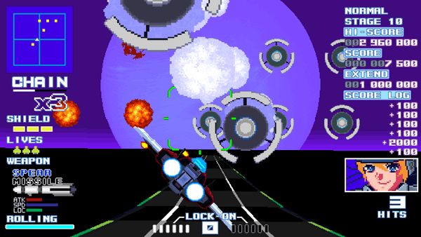Player flying along a highway and dodging huge enemy missiles coming at the screen. In the background is a huge purple planet that fills the horizon