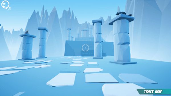 Screenshot of GRAPPIN. There are stone columns with a path of flat square stones in the ground. Behind them is a sheer ledge with narrow stairs leading up to them. In the background are sharp mountain peaks against a clear blue sky.