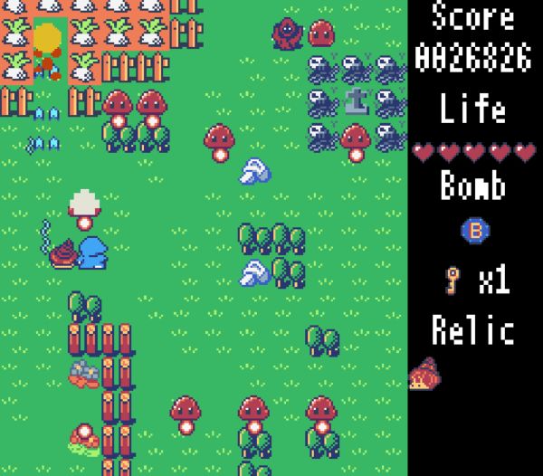 First stage of TANITANI WIZARD. Player is running through a field dotted with slimes.