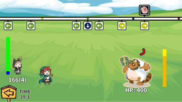 Screenshot from ビートドッジ (Beat Dodge). Shifu-san and Mage-chan are on the left side of a green field, and on the right is a giant tanuki enemy. At the top of the screen are arrow keys matched to the rhythm.