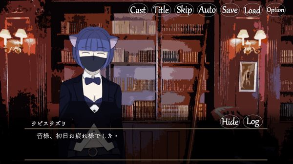 LapisLazuli, a character with short dark hair and cat ears, wearing a dark mask that covers their mouth and nose and a tuxedo-like uniform