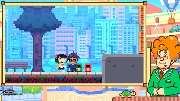 Urara from Invercity approaching a man in a gray suit. Mike the news announcer watches with interest.