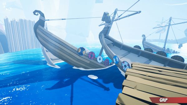Screenshot from GRAPPIN. Viking boats are sunken and submerges near a wooden pier. There are round colorful shields along the sides of the boats.