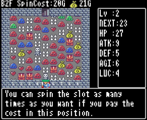 A pixel art dungeon of slimes, spikes, and treasure boxes laid out in a slot machine type of grid. Text: You can spin the slot as many times as you want if you pay the cost in this position.