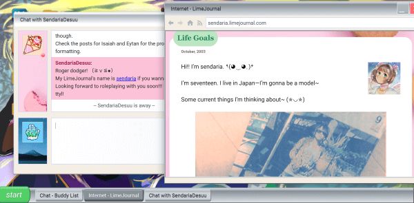 Sendaria's LimeJournal blog open talking about how she is living in Japan and wants to become a model, and an IM Chat window open with her talking about how excited she is to start role-playing with everyone.