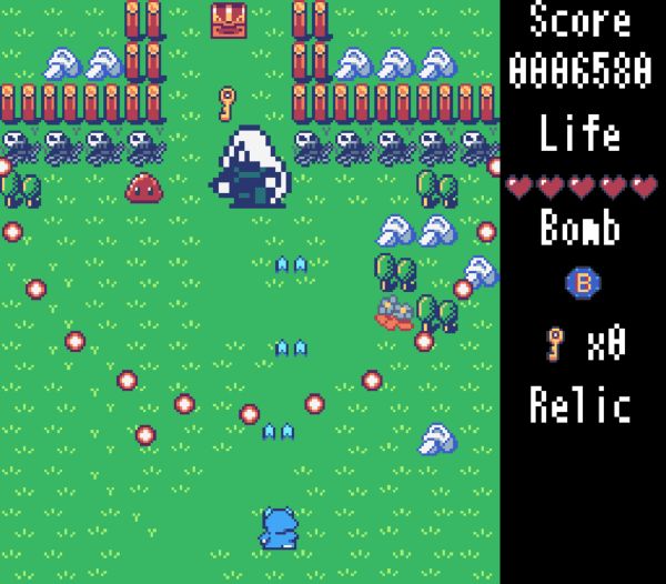 Player fighting the first boss, a rogue sending out a spray of bullets.